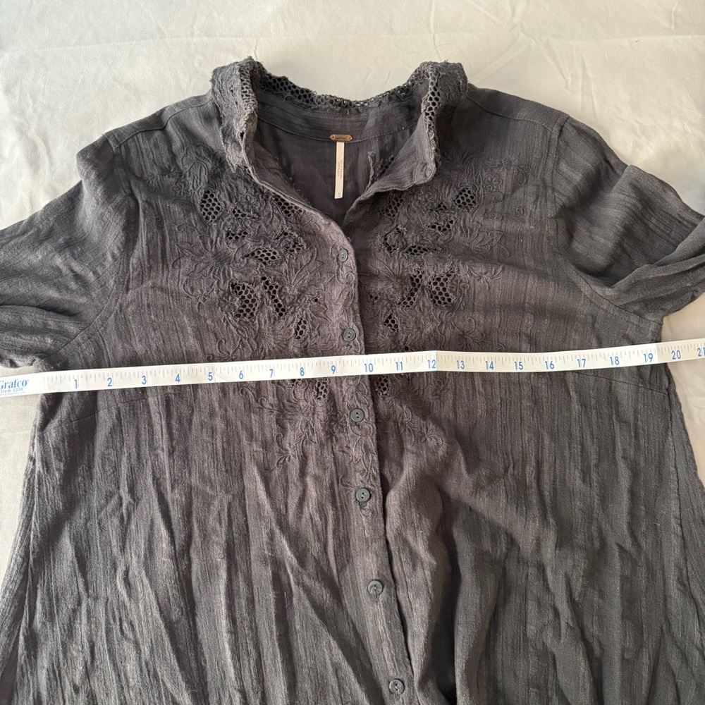 Free People Carter Dobby Dark Gray Embroidered Button Down Shirt, Medium - Picture 7 of 13